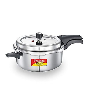 Prestige 5L Deluxe Alpha Svachh stainless steel Pressure Cooker|Outer lid|Ideal for 5-7 persons|Deep lid for spillage control|Gas & induction compatible|Silver price in India.