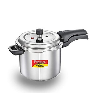 Prestige 5.5 Litres Svachh Deluxe Alpha Induction Base Outer Lid Stainless Steel Pressure Cooker | Deep lid controls spillage |Silver | Anti-Bulge Base | Sturdy Handles | Pressure Indicator price in India.