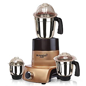 Sunmeet PSTGLD21 600-Watt Mixer Grinder with 3 Jars (1 Wet Jar, 1 Dry Jar and 1 Chutney Jar) - Grey Made in India (ISI Certified) price in India.
