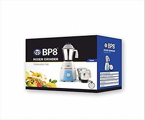 BP8 Mixer Grinder Tornado 750 watt, Mixer Grinder 8 Year Warranty on Motor | Mixer Grinder with 3 Stainless Steel Jars with lid and 18000 RPM Motor Speed (White) | Mixer Grinder price in India.