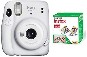FUJIFILM Instax Mini 11 Instax Mini 11 white with 10x2 Film + Hanging Frames + Plastic Frames + Case + Close Up Filters Instant Camera  (White) price in .
