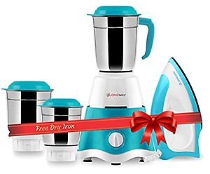 Longway Super Dlx Mixer Grinder with Kwid 1100W Dry Iron | 500 Watt Powerful Motor | 3 Jars for Grinding, Mixing, Juicing | 2 Year Warranty (Blue & White, Combo Offer) price in India.