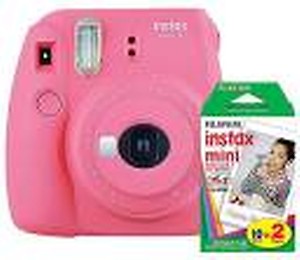 Fujifilm instax mini 9 Instant Film Camera (Flamingo Pink) + Fujifilm Instax Mini Twin Pack Instant (40 Shots) + Round Camera Case + 4 AA Batteries & White Charger + 20 Sticker Frames Sweet 16 Package price in India.