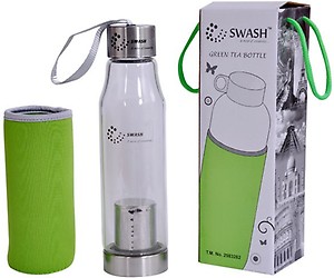 SWASH premium brand multipurpose green tea cum detox water bottle made of strong heat resistant borosilicate glass with premium grade stainless steel infuser cum filter, lid with handy cord and a complimentary sleeve price in India.