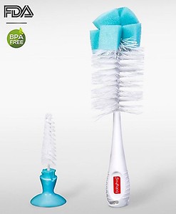 Babyhug BPA-Free 2-in-1 Bottle & Nipple Brush, Non-Scratch with Vacuum Suction, 0-24M, 22cm Freeoffer