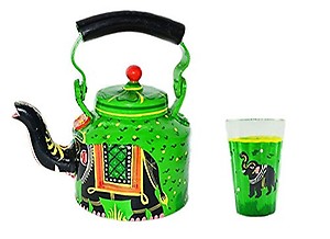 GOELX Painted Elephant Designer Aluminium Tea/Coffee Kettle with Glass for Home Decor, Capacity-1 L (Green) price in India.