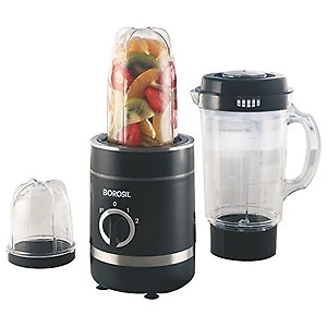 Borosil NutriFresh Mixer Grinder & Portable Blender, 3 unbreakable jars with stainless steel blades, Recipe book, 400 W, Black price in India.