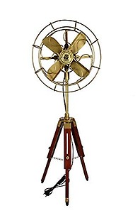 OVERSEAS MART Handmade Brass Antique Electric Floor Fan with Wooden Tripod Stand - Modern Vintage Looks for Home Living Decor Bedroom Kitchen Office (Modern Look Brass Antique) price in India.
