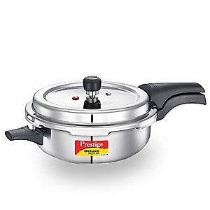 Prestige 4L Svachh Deluxe Alpha Senior Pressure Pan stainless steel|Outer lid|Ideal for 4-6 persons|Deep lid for spillage control|Gas & induction compatible|Silver|10 years warranty price in India.