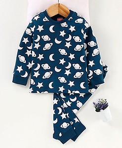 Babyhug Full Sleeves Pyjama Set Moon Print - Blue Freeoffer
