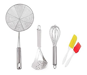 Vessel Crew Combo of Stainless Steel Deep Fry Strainer, Steel Pav Bhaji Masher, Steel Kitchen Pakad Tool and Egg Beater Whisk price in India.