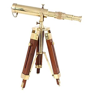 Delight Enterprises Antique Brass Telescope with Wooden Tripod Stand Shiny Finish Vintage Nautical Table Clock for Home Decoration price in India.