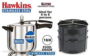 HAWKINS Stainless Steel Inner Lid Pressure Cooker, 6 L (Silver) with 3 Dish Set/Separator price in India.