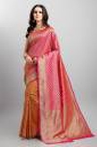 Printed Kanjivaram Silk Blend Saree  (Pink, Mustard)