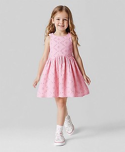 Primo Gino 100% Cotton Woven Sleeveless Fit & Flare Schiffli Frock - Pink Freeoffer