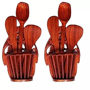 Desi Karigar Beautiful Wooden Hand Carved Wall Hanging Kitchen Ware Holder With 3 Spoon, Pack Of 2 price in India.
