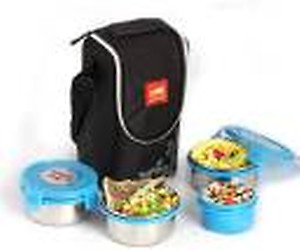 CELLO Max Fresh Click Polypropylene Leakproof Lunch Box Set with Bag, 4 Containers - 300ml x 3 & 140ml, Dark Blue price in India.